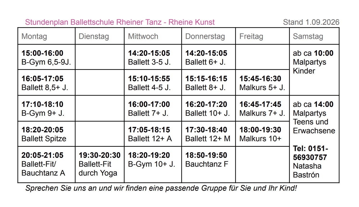 Stundenplan der Ballettschule Natasha Bastrón